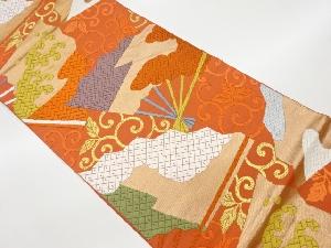 リサイクル　唐織扇子に雲・荒波・唐草模様織出し袋帯